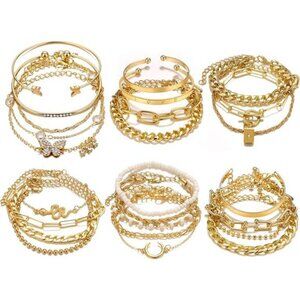 24 Gold Layered Bracelet Set – Stackable Adjustable Bangles & Chains for Women